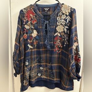 Johnny Was Fabulous Embroidered Gauze Plaid Blouse, Very Lightweight and soft